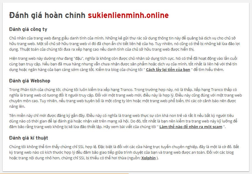 Đánh giá đầy đủ của scamadviser.com về sukienlienminh.online qua các phương diện: Công ty, webshop và kĩ thuật