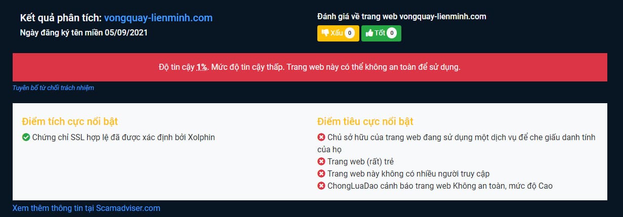 Độ tin cậy của vongquay-lienminh.com là 1%, qua đó được đánh giá là lừa đảo, nguy hiểm đối với người dùng