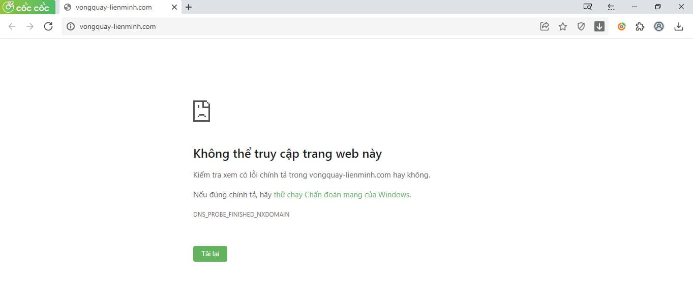 Kiểm tra tên miền “vongquay-lienminh.com” bằng trình duyệt Cốc Cốc cho thấy website này đã bị trình duyệt chặn hoạt động, chứng tỏ đáng ngờ