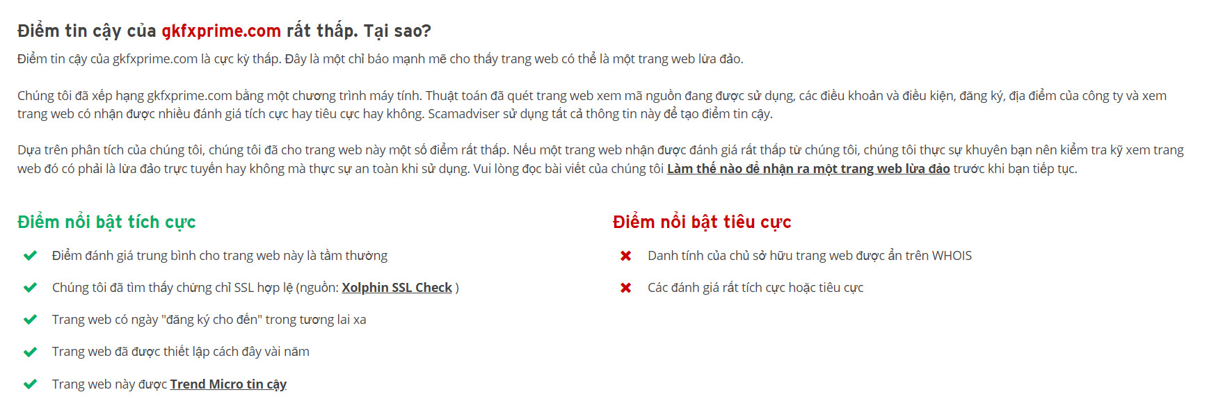 ScamAdviser đã giải thích lý do tại sao “gkfxprime.com” lại có điểm tin cậy thấp và khuyến cáo người dùng không nên sử dụng trang web này