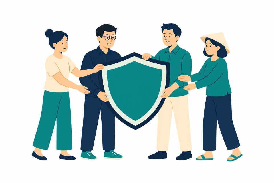A cybersecurity specialist and community members working together around a protective shield