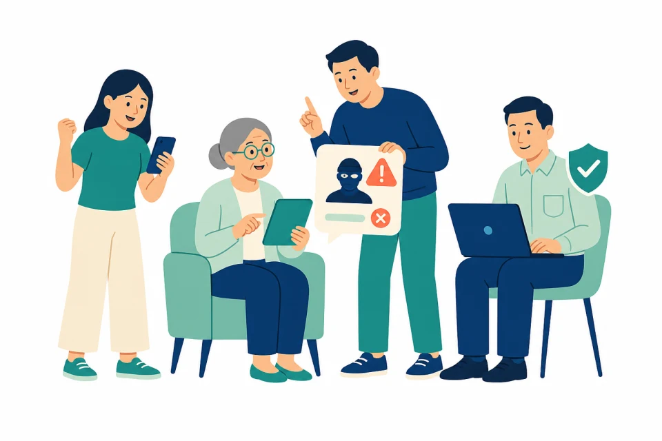 People of different ages learning to recognize and avoid an online scam